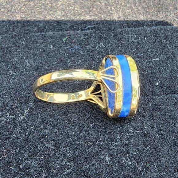 Estate 14k YG Lapis Lazuli Cabochon Pear Cut Inlaid Tiger Bamboo Ring - Picture 6 of 10